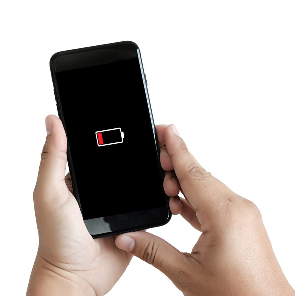 Close up man hands using smart phone battery low 36325 231